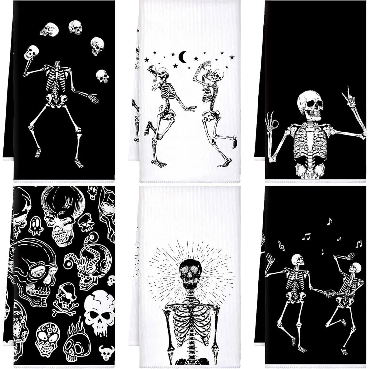 Halloween Vintage Skull Kitchen Towels (6-Piece, 16x24 in) - Teal Turquoise, Black, White, Farmhouse Cow Cat Gothic Witchy Moon Print, Drying Dish Hand Towels Tea Washcloths, Easy-to-Carry Unique Decoration