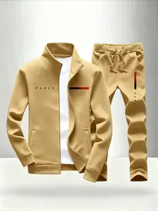 Men's new casual sports set, including a comfortable zipper jacket and loose fitting pants, adorned with the word "Paris" and fashionable red and black stripes, is perfect for occasions such as Halloween, Christmas, Thanksgiving, etc.