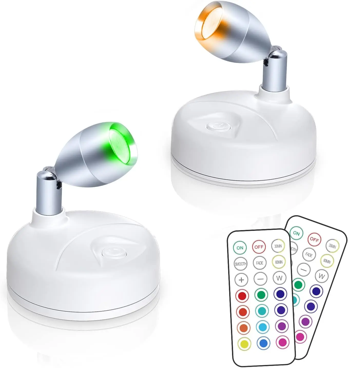 Battery-Operated RGB LED Compact Small Spotlight with Remote Control, 360-Degree Rotatable Design, 10 Dimmer Modes, 60 Lumens, Timer & Screws, Dimmable, Painting & Holiday Decor Use, Simple Installation, Batteries Included (Ideal for Gaming)