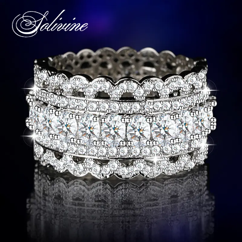 [Sizes small. Sizing up.]Cocktail Wide Ring Band  –  Sparkling 5A CZ Cluster Setting, Scalloped Edge Chunky Band Ring Jewelry, Engagement Rings for Women, Wedding Ring Band
