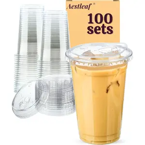 100 Pack 20 oz Clear Cups with Lids, Disposable Iced with Strawless Sip-Lids, Coffee Cup for Smoothie, Milkshake, Cold Drinks