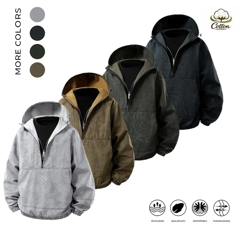 Men's Pure Cotton Washed Half-Zip Hoodie Sweatshirt - Casual Stylish Plain Tops with Loose V-Neck, Breathable Soft Fabric, Zippered Pockets, Elastic Cuffs, Retro Minimalist Momosheng Menswear Aesthetic