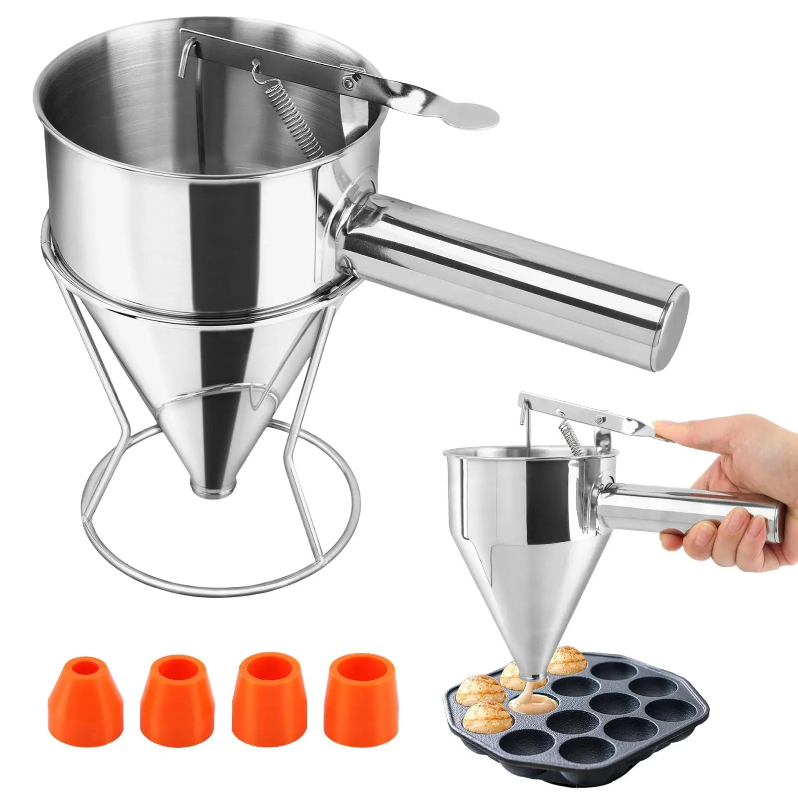Stainless Steel Pancake Batter Funnel Dispenser - Multi-Use Home Kitchen Utensil with Squeeze Handle, Stand, Sealed Spout, 18mm Diameter for Making Pancakes, Carnival Treats, Takoyaki Balls