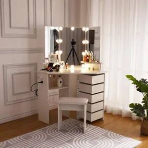 Garvee Makeup Vanity With LED Mirror And Charging Ports - Corner Vanity With 2 Charging Station And 5 Rotating Drawers,1 Matching Chair,Lights 3 Colors,White