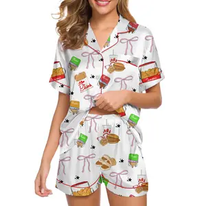 Chick-Fil Chicken Nuggets Satin Pajama Set – Coquette Style Sleepwear, Cute Loungewear, Gift for Her, Gif for Mom