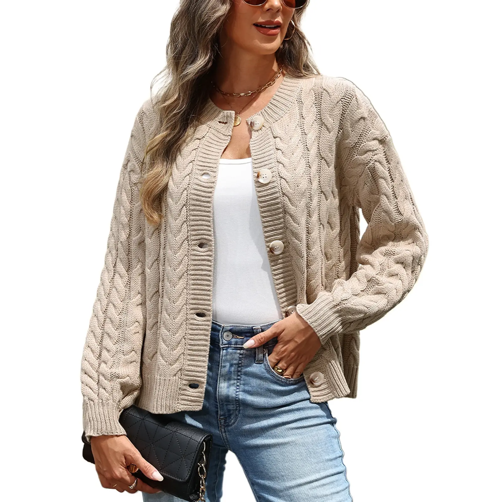 VIMPUNEC Women's Casual Cable Knit Cardigans, Button Down Long Sleeve Knitwear Tops with Ribbed Hem, Everyday Fit for Layering Over Jeans, Basic, Casual Wear, Longsleeves, Fabric