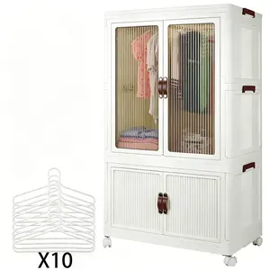 Stackable Closet Storage Bins Collapsible Clothes Organizers Portable Wardrobe Closet with Lids and Doors Movable Clothes Storage for Children's Clothing Snacks Books Blankets 10 Hangers Included