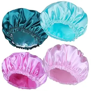 Shower Caps for Women - 4 PCS Double Waterproof Elastic Reusable Bath Caps in Solid Colors - Double Layer Design - Cover Set Bathroom Accessory