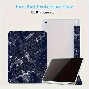 1pc Blue Ocean Whale And Starry Night Pattern Trifold Flip Stand Pen Slot Anti-Drop for Ipad Protective Case, Foldable Non-Slip Adjustable Stand Kick Stand Flexible Hybrid Protective Case, Suitable for Ipad Air4Th/Air5Th