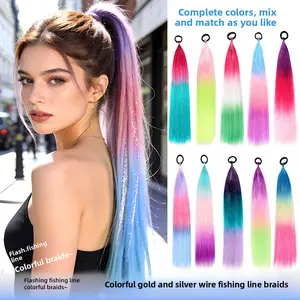 Colorful women's laser braided EZ dreadlocks with gold and silver threads, long ponytail extensions, multicolor gradient braided hair wigs Invisible Clip-In Wavy