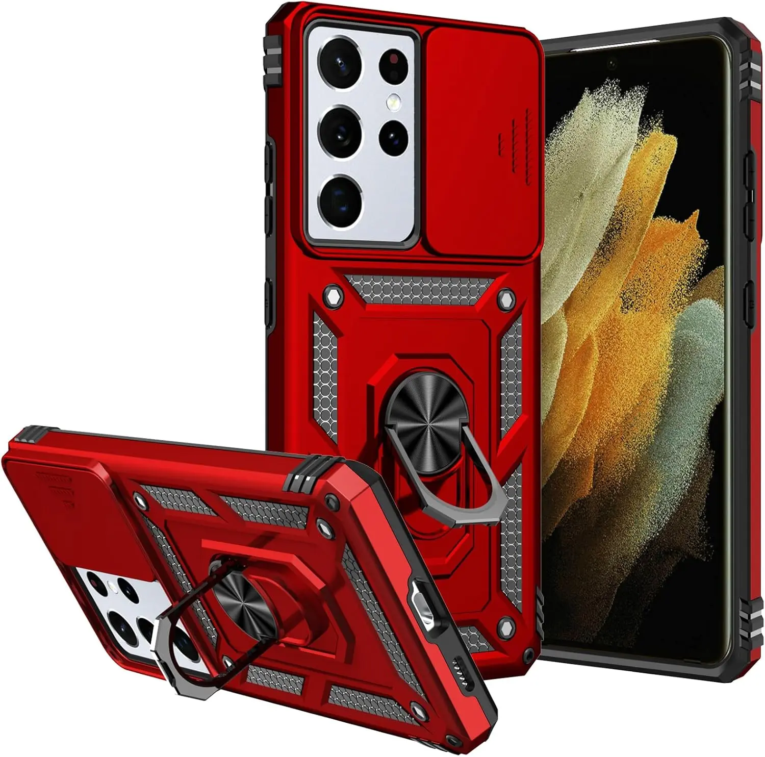 for Galaxy S21 Ultra Case,with Camera Cover,[Military Grade] 16ft.Drop Tested Cover with Magnetic Kickstand Protective Case for S21 Ultra 6.8 inch, Red