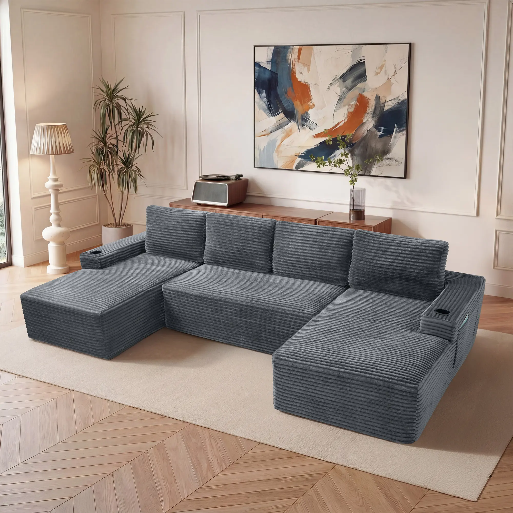 【Sub 3 packages】Niccae Compressible U-Shaped Sectional Sofa Set,Minimalist Style Modular Sectional Sofa, Corduroy Fabric Cloud Couch for Living Room