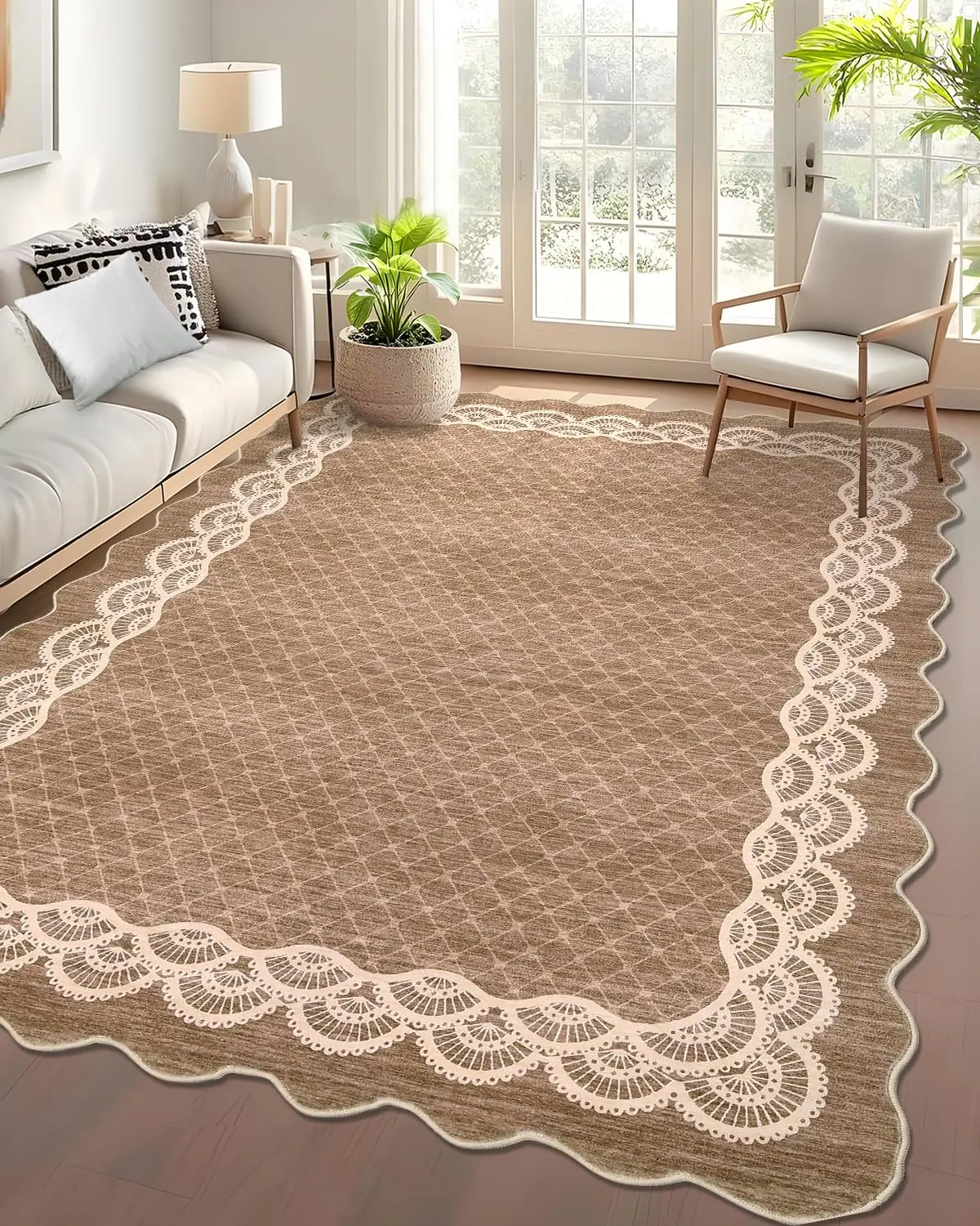 Garvee Home Decor 5x7 Bedroom Area Rug Camel Bordered Thin Carpet