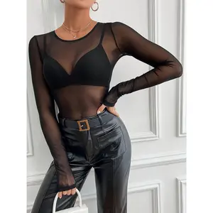 Women's Sheer Mesh Top - Slim Fit Short Blouse with Long Sleeves, Round Neck Translucent Shirt (No Padding/Bra), Hand Washable for Layering Under Dresses/Blouses - Year-Round Wear, Elegant & Style