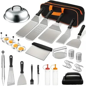 33pcs Griddle Accessories Kit for Blackstone, Professional Hibachi Flat Top Grill Tools, Enlarged Spatula Gift Set with Basting Cover，Burger Press Patty Maker for Outdoor BBQ Teppanyaki