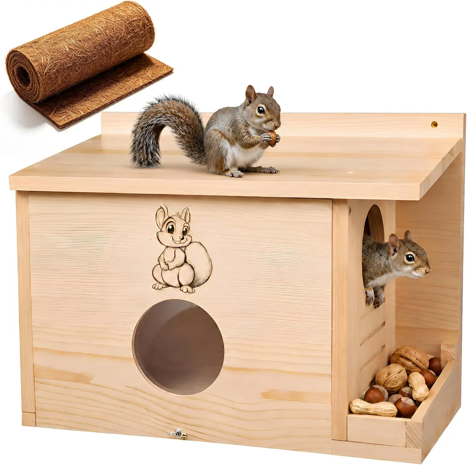 XL Squirrel House 16.5", Wooden Squirrel Nesting Box with Feeder, Acrylic Viewing Window, Predator Protection, Outdoor Squirrel Shelter with Drainage & Ventilation for Backyard, Garden, Trees & Wildlife Watching