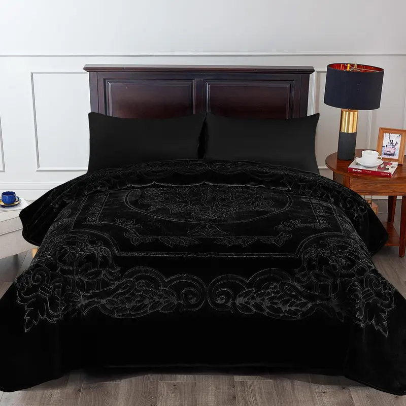 King Size Printed Raschel Black Blanket - 85x95 in, 9 lb Heavy Thick Breathable Warm Fleece, 100% Polyester Super Soft Plush Embossed Floral Bedding, Heavy Fleece Traps Cozy Warmth, Machine Washable All Seasons Home Sleep Bedding Gift