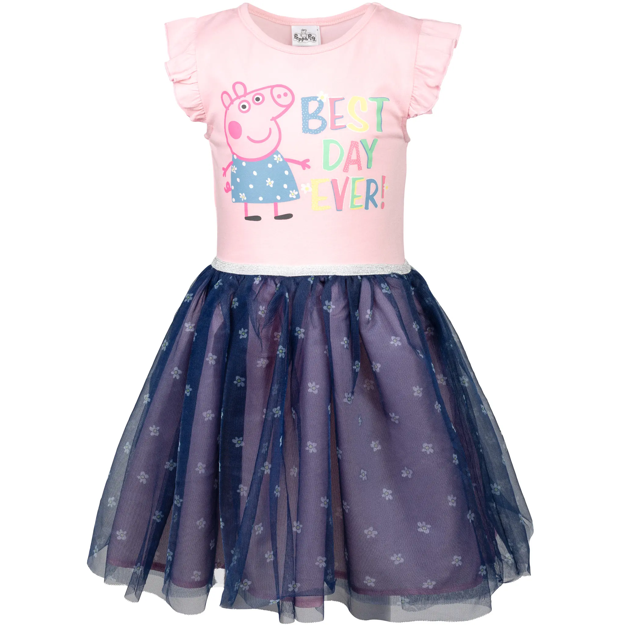 Peppa Pig Toddler to Little Girl Tulle Tutu Dress - Graphic Printed, Glitter Accents, Pink Navy, Tulle Fabric, Toddler Girl Stuff, Short Sleeve Tops, Casual Wear, Playful Look, Round Neck