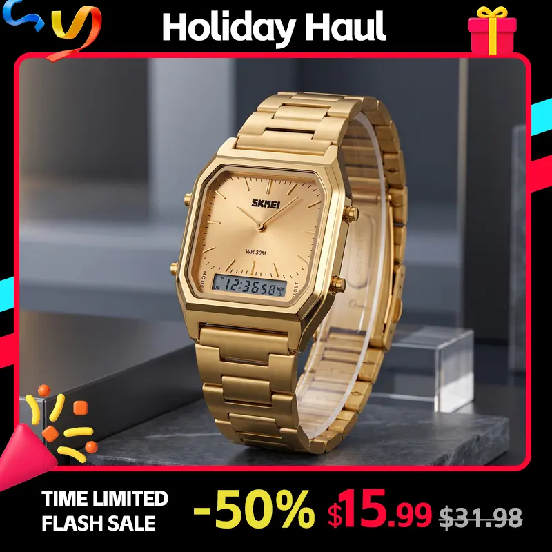 SKMEI Men's Polygonal Square Dial Casual Trendy Wristwatch - Ana-Digi Dual-Display, Stainless Steel Bracelet, 3 Time Modes, Stopwatch, Alarm + Timer, EL Luminous Night View, Water Resistant Sport Watch for Work, Daily Wear