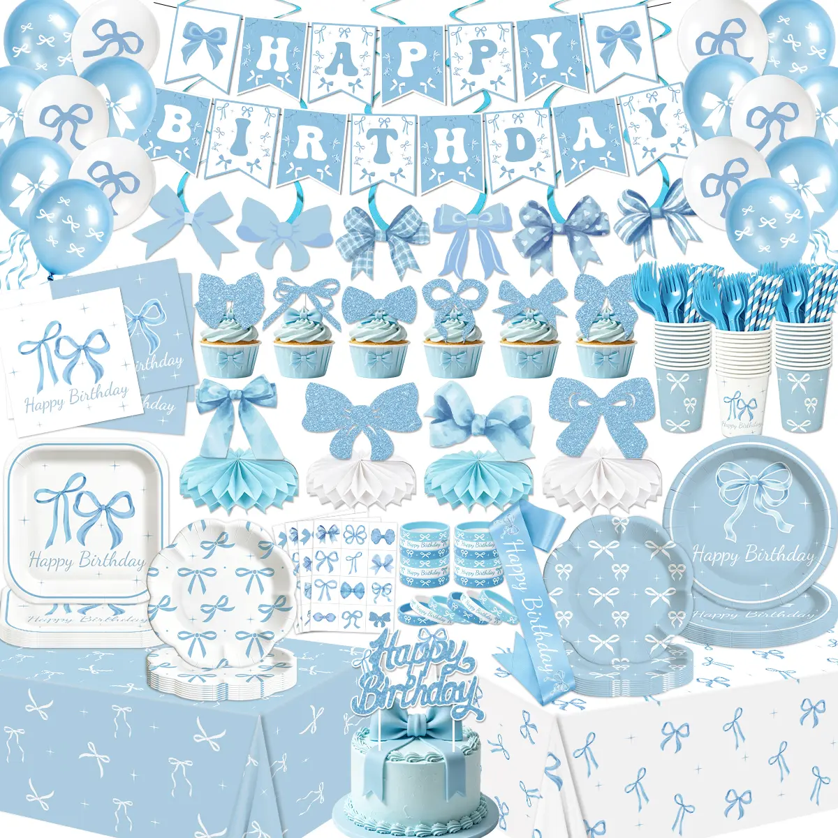 Blue Bow Birthday Party Decorations Coquette Birthday Decorations with Blue Bow Plates Napkins Tablecloths Balloons Light Blue Banner Hanging Swirls for Girls Women Bow Themed Party Decor Serve 26