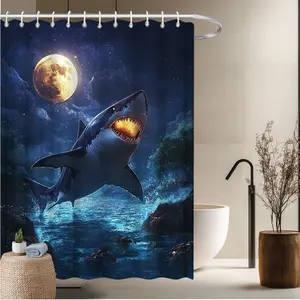 1pcs Ocean Theme Bath Curtain-2D Shark Leaping Out of Water Night Scene Print Fun Home Curtains Deep Sea Adventure Bathroom Decor Bathtub Decor 70.8x70.8 inches