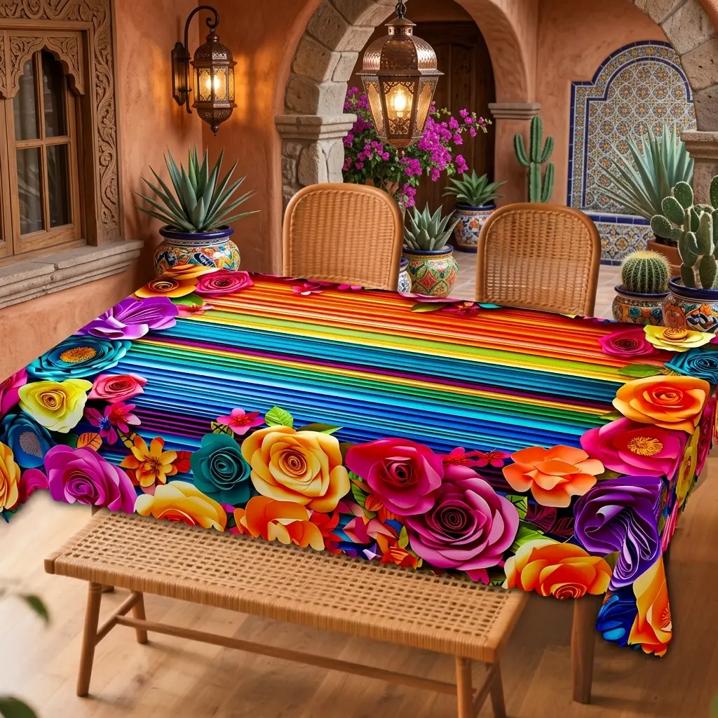 Colorful Mexican Floral Tablecloth, Rainbow Stripe Rose Table Cover for Dining Table, Kitchen, Fiesta Party and Boho Home Decor