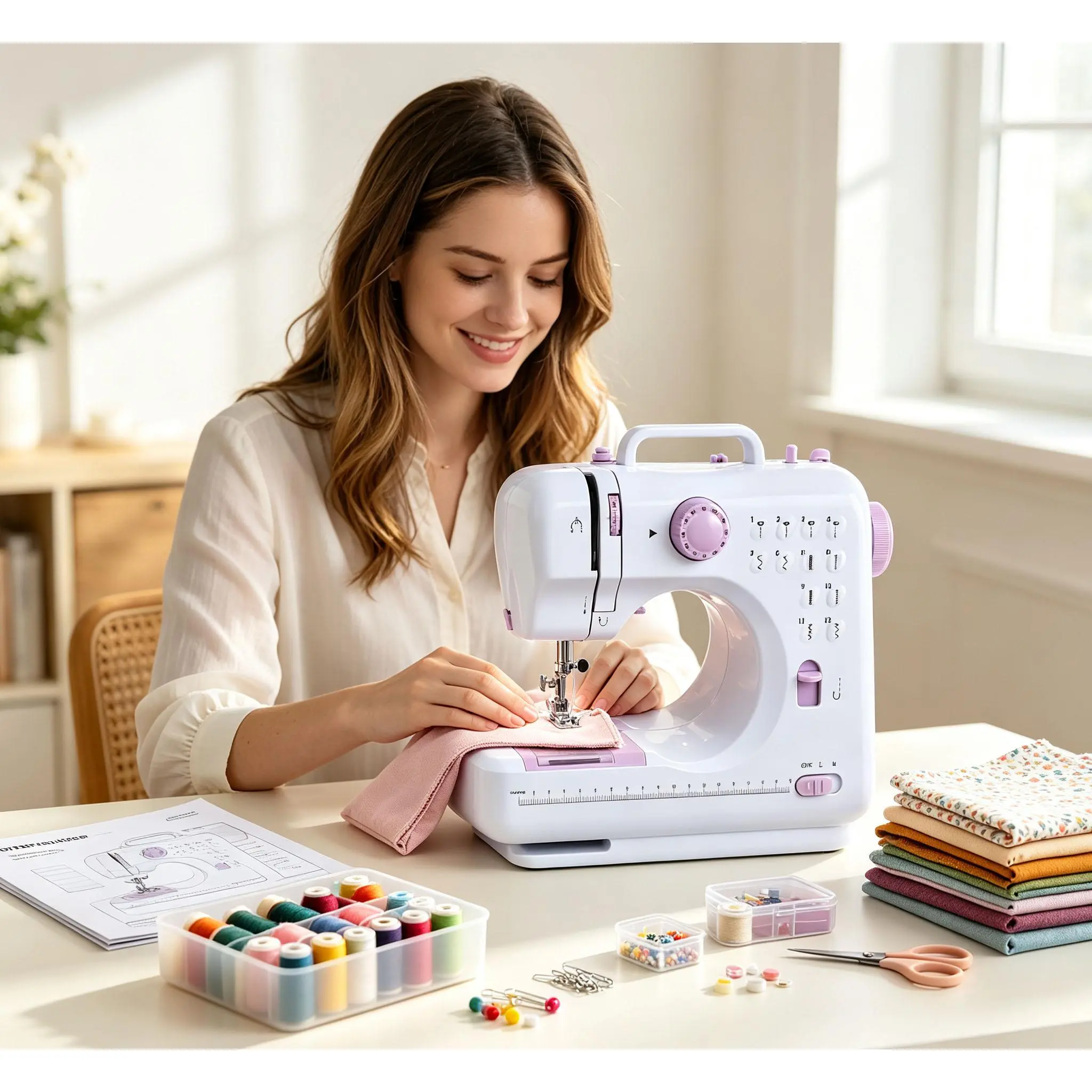 Beginner Mini Sewing Machine, Portable Electric Design, Reverse Stitch Function, Multiple Built-in Stitches, Suitable for Clothing Repair, Shoe & Bag Crafting and Indoor DIY Activities