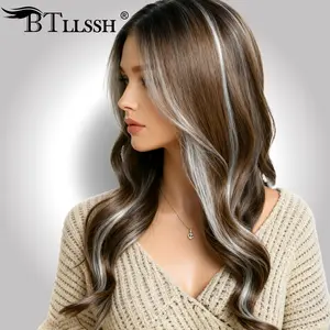 【Blend】Highlight Ombre Brown Lace Front Wig Natural Wavy Preplucked Hair Line Blend Human Hair Glueless Wigs For Women