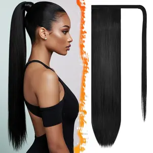 Straight Ponytail Extension 26 Inch Long Synthetic Clip in Wrap Around for Black Women Daily Use Hairpiece Easy Attach Volume & Length