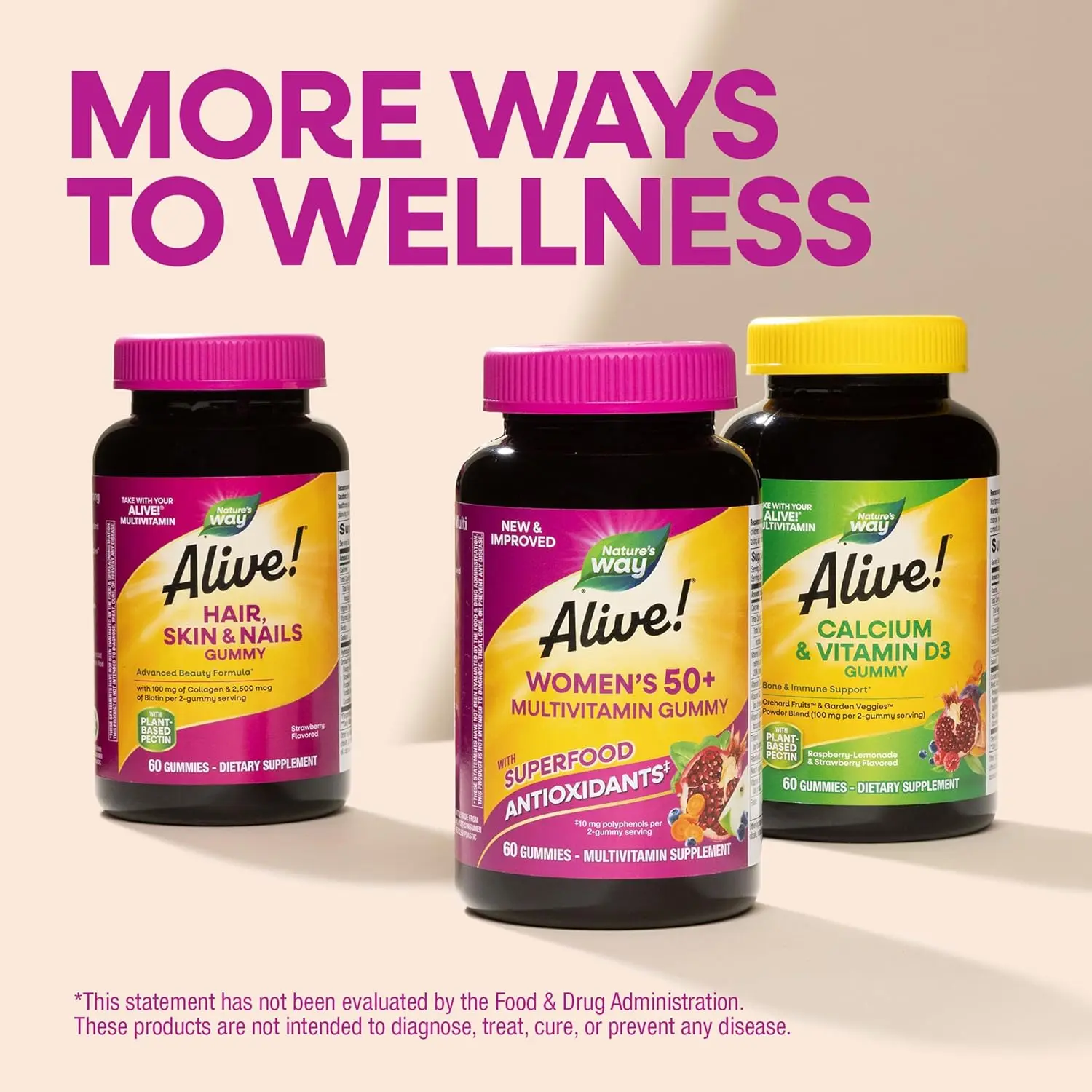 Nature's Way Alive! Women’s 50 Plus Multivitamin Gummy, Daily Chewable Multivitamins with B-Vitamins, Vitamin D3, Calcium, Supports Heart, Brain & Bone Health,* Mixed Berry Flavored, 130 Count