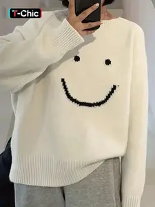 Women's Cartoon Face Print Raglan Sleeve Sweater, Casual Fit Long Sleeve Round Neck Jumper for Fall & Winter, Fashion Ladies' Knitwear for Daily Wear Knitting