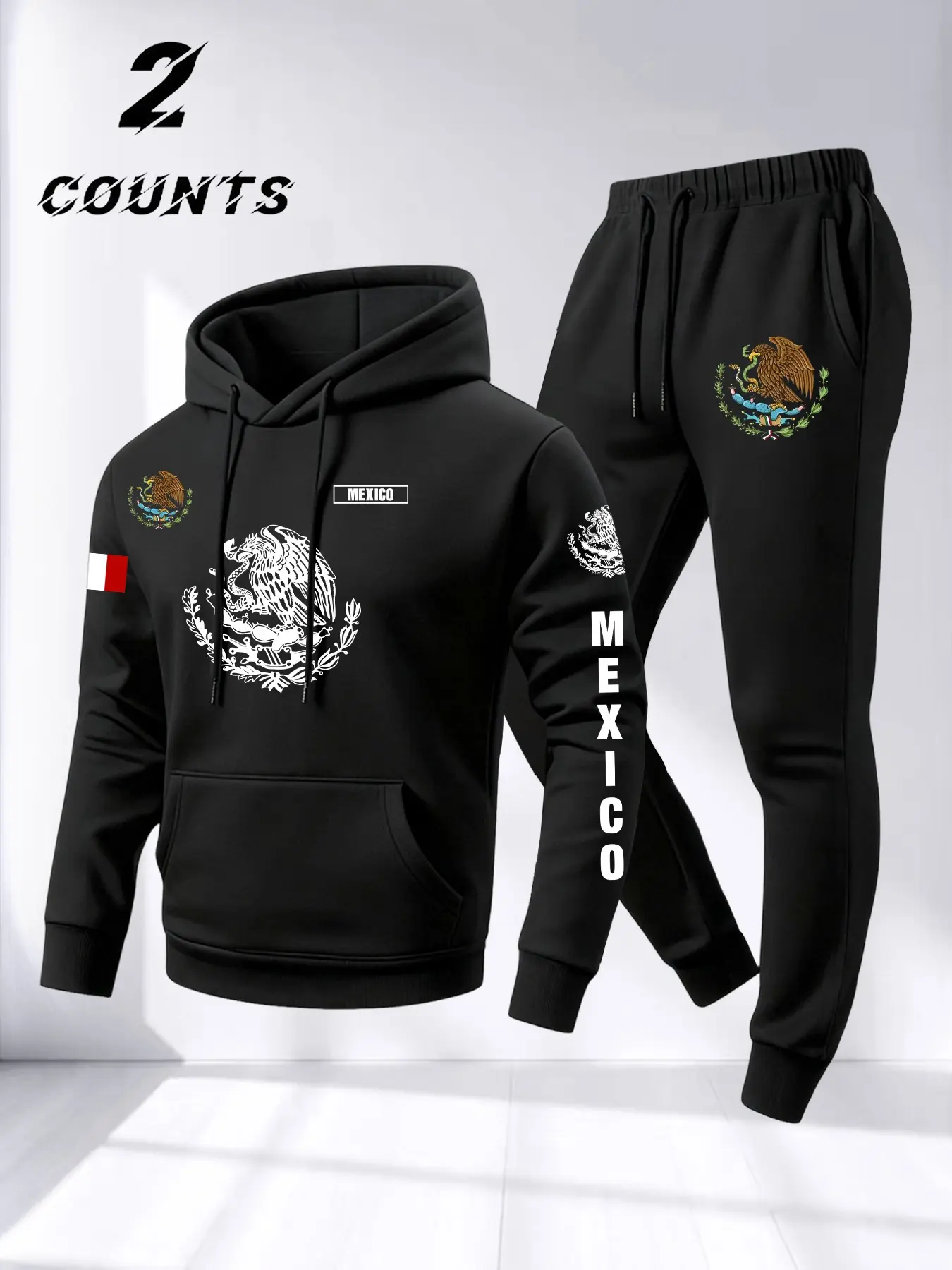 Men's Casual Sportswear Sweatshirt & Drawstring Pants Set, Mexican Flag Letter Print, Comfortable Knit Fabric, Fall & Winter Wear, Athleisure Wear Set, Casual Comfy Sporty