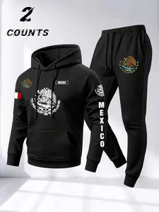 Men's Casual Sportswear Sweatshirt & Drawstring Pants Set, Mexican Flag Letter Print, Comfortable Knit Fabric, Fall & Winter Wear, Athleisure Wear Set, Casual Comfy Sporty