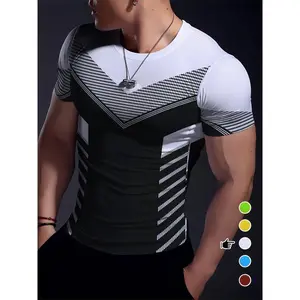Men'S Geometric-Pattern Sports T-Shirt, Polyester Blend, Crew Neck, High Stretch, Short Sleeve, Quick-Dry, Tear-Resistant, Knit Fabric, Skinny Fit