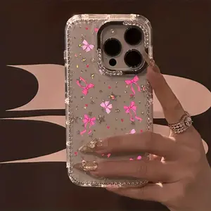 Heart-shaped bowknot and luxurious rhinestone design, transparent sparkling diamond-encrusted frame, shockproof protective case, suitable for iPhone 17, 16, 15, 14, 13, 12 and other series models. Can be given as a gift to friends or family.