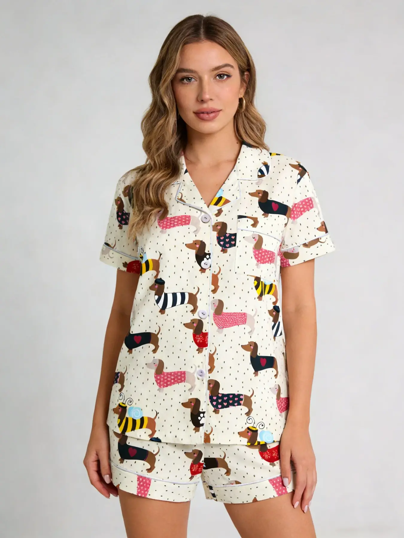 White Party Dachshund Print Pajama Set for Women, Button Down Short Sleeve, Spring & Summer Loungewear, Matching Pj Set, Black Trim Accents, Fun Cozy Home Outfit Pjs Nightwear Pyjamas Lady Womenswear