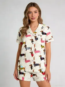 White Party Dachshund Print Pajama Set for Women, Button Down Short Sleeve, Spring & Summer Loungewear, Black Trim Accents, Fun Cozy Home Outfit Pjs Nightwear Pyjamas Lady Womenswear