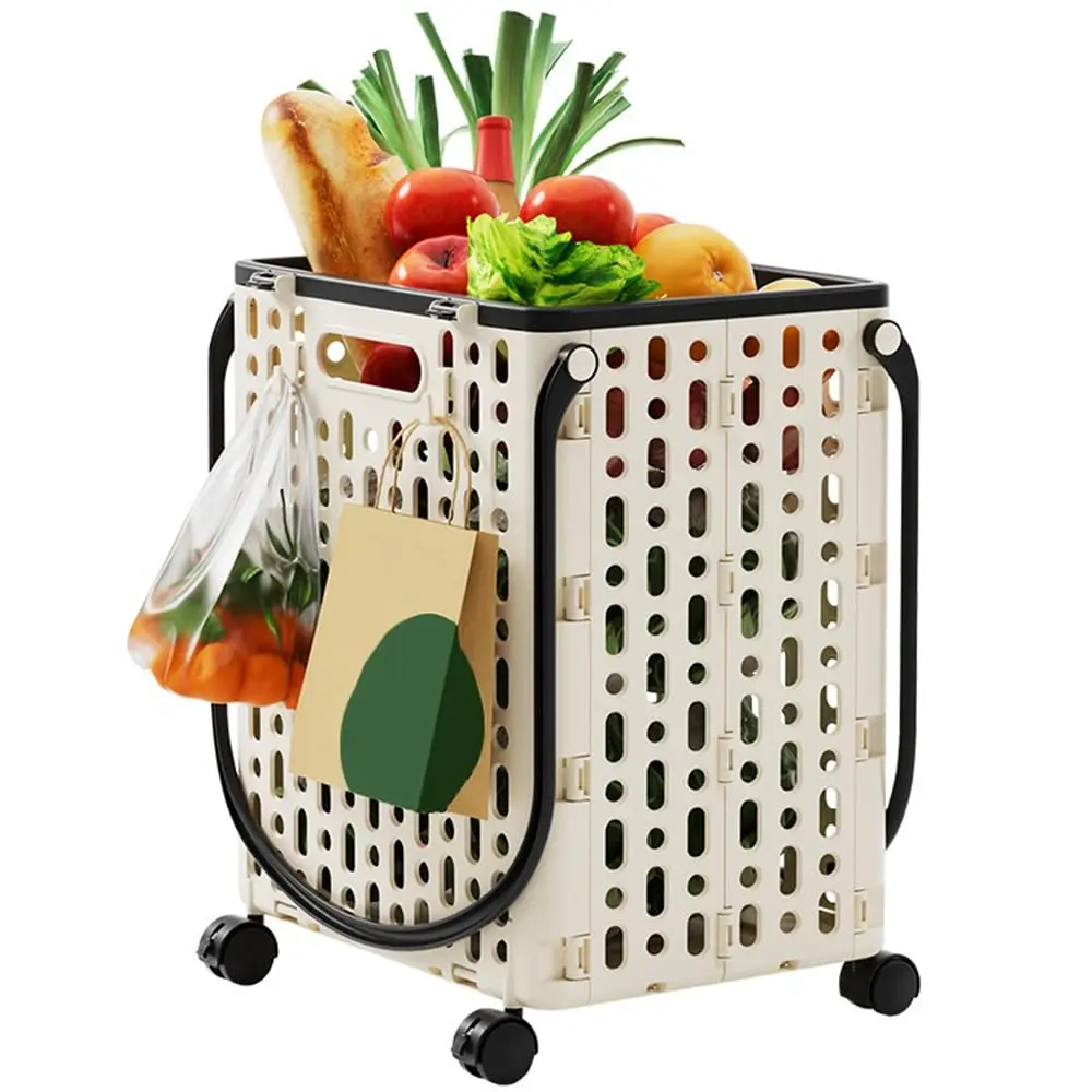 Lightweight Foldable Shopping Cart with 360° Swivel Wheels, Large Capacity Portable Utility Cart with Hooks for Laundry and Grocery Bags for Home, Supermarket, and Travel