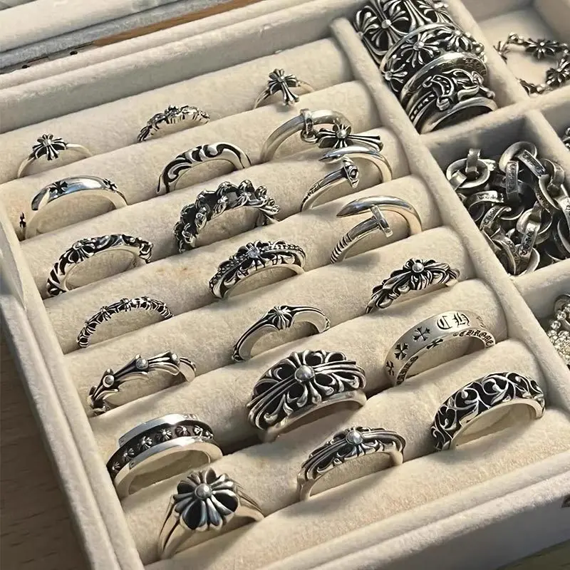 Chrome Hearts Vintage Gothic Cross Rings Set, Antique Silver Tone Ornate Floral Cross Engraved Band Rings, Punk Retro Carved Statement Stackable Rings For Men Women Party Daily Jewelry.
