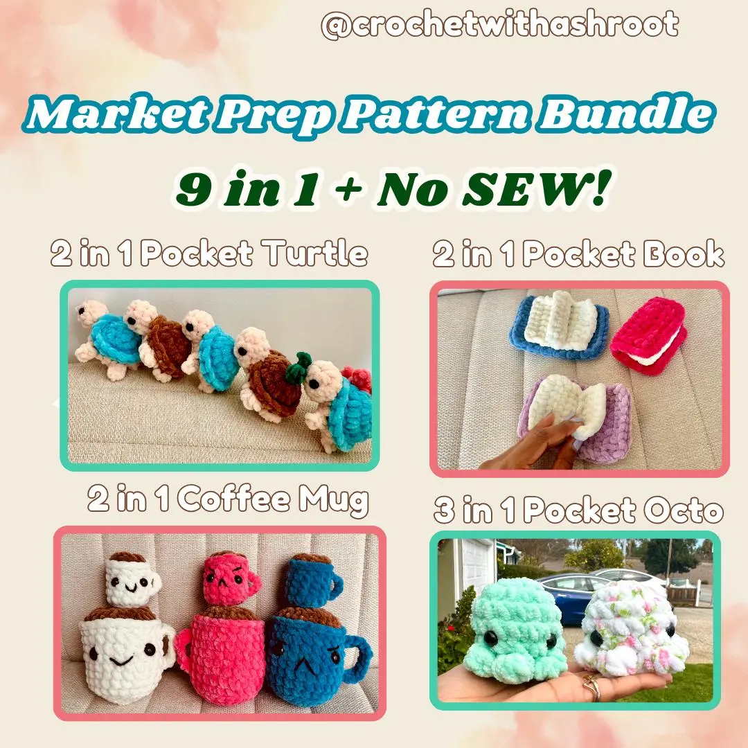 Market Prep Crochet Pattern Bundle – No-Sew Pocket Turtles, Octos, Books, Mugs (PDF Pattern)
