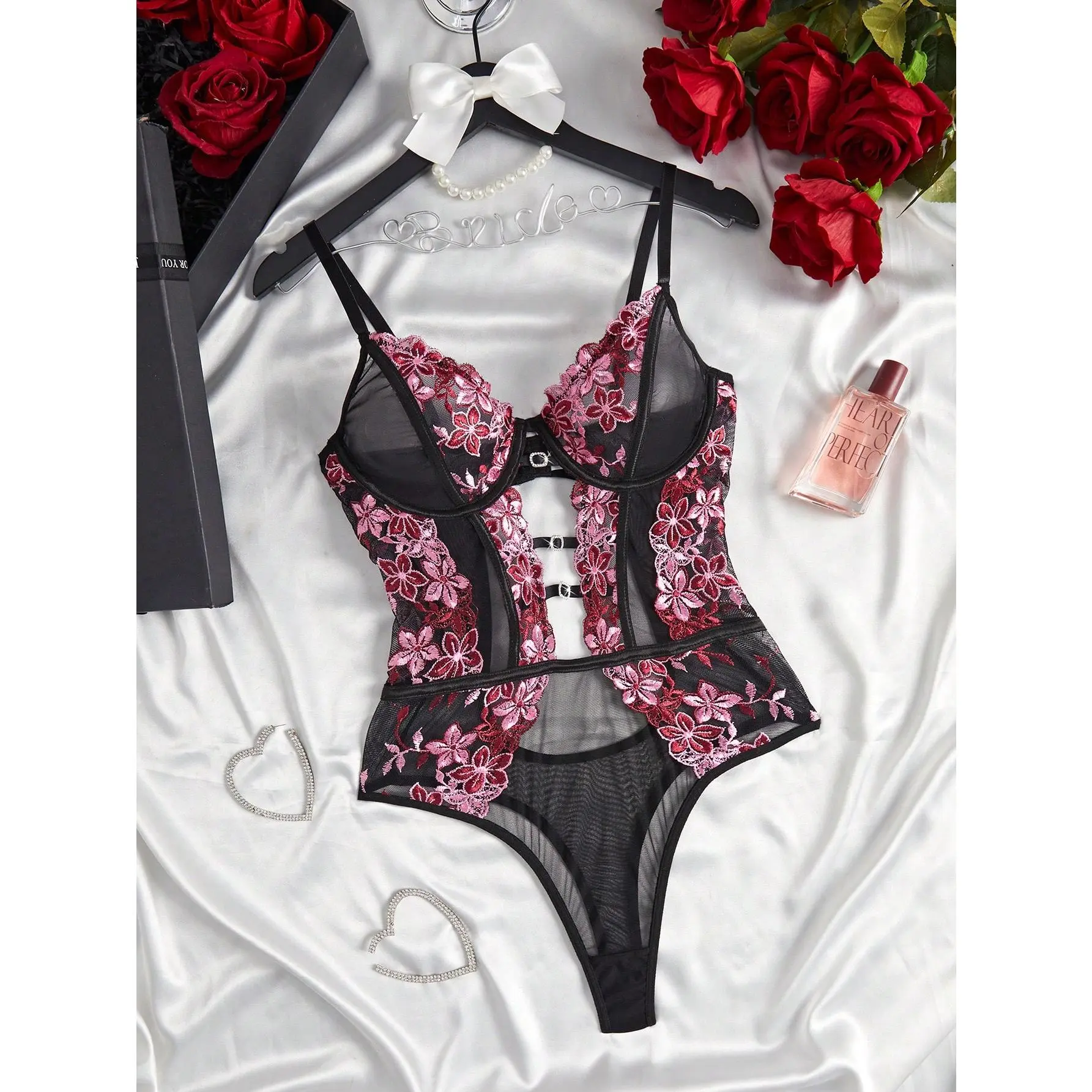 Women's Floral Embroidery Mesh Bodysuit with a Flattering Fit, Snap Bottom Closure, and Adjustable Straps, Elegant Day to Night Style for Jeans, Skirts, Jackets, Fabric, Elegance, Breathable, One Piece, Party-Ready