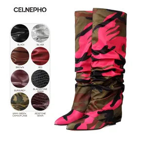 CELNEPHO Womens Slouch Boots Pointed Toe Covered Wedge Heel Fashion Knee High Booties Easy Pull on Wide Calf Fold Over Boot Formal Wear Date Events Gift Party Indoor Outdoor Casual Summer Wear Trendy Dress Shoes