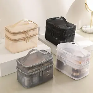 Double Layer Makeup Bag, 1 Piece Large Capacity Cosmetic Storage Bag with Handle, Handheld Cosmetic Pouch, Cosmetic Pouch, Cosmetics Organizer, Portable Travel Makeup Organizer, Travel Cosmetic Bags, Versatile Storage Bag for Travel, Dating, Makeup