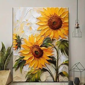Sunflower Canvas Painting - Abstract Texture, Cream Floral Decoration Suitable for Living Room, Bedroom, Office, etc. - Framed HD Oil Painting Style Home Decor - Edged Canvas
