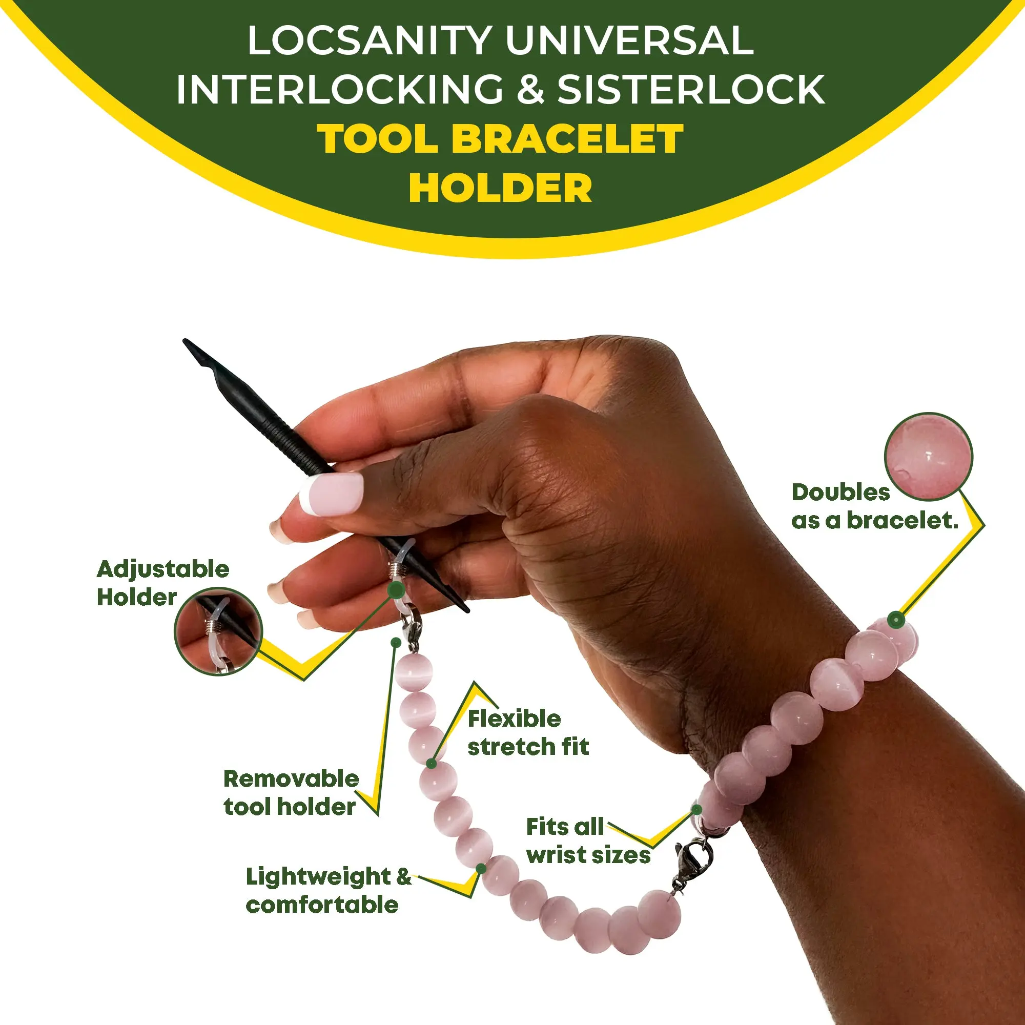 LOCSANITY Durable Adjustable Beaded Design Crochet Tool Holder Bracelet, Handmade with Pink Beads - Includes Crochet Hooks for Interlocking Dreadlock Styles