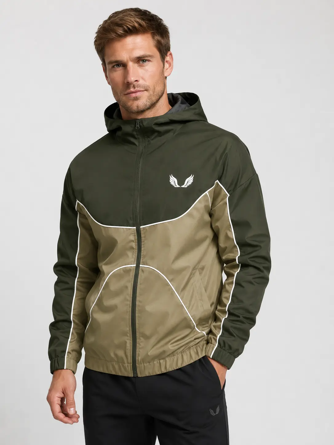 Men’s hooded windproof jacket with small wing pattern and full zipper, for everyday hiking, running, and training