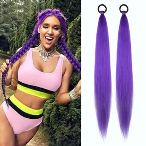 2-piece set of purple ponytail extension with elastic tie, straight sleeves wrapped around braided ponytail