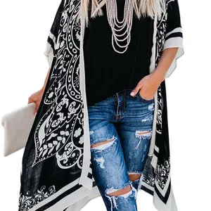 Black Boho Tokyo Medallion Kimono Beach Cover Up