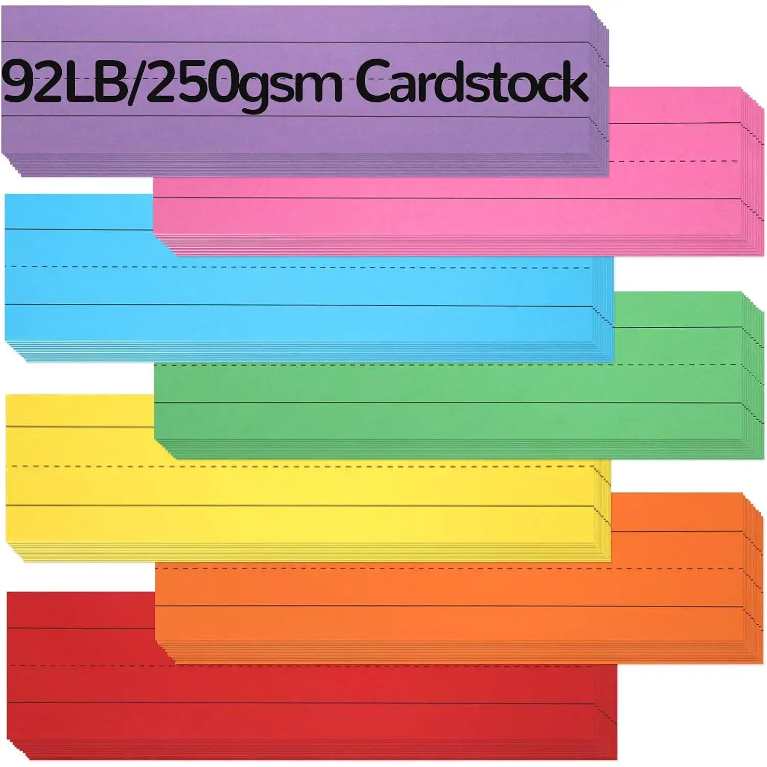 Ruled Rainbow Sentence Strips (112 Sheets, 7 Assorted Colors) - 92LB/250gsm Thickened Cardstock, 12”x3” with Solid Lines, Abundant Writing Space for Handwriting Practice & Sentence Construction, Teacher Office Stationery Supplies
