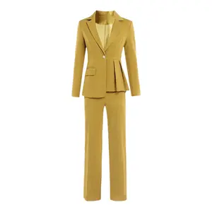 Elegant Mustard Yellow With Belt Irregular Jacket + Straight Pants Suit